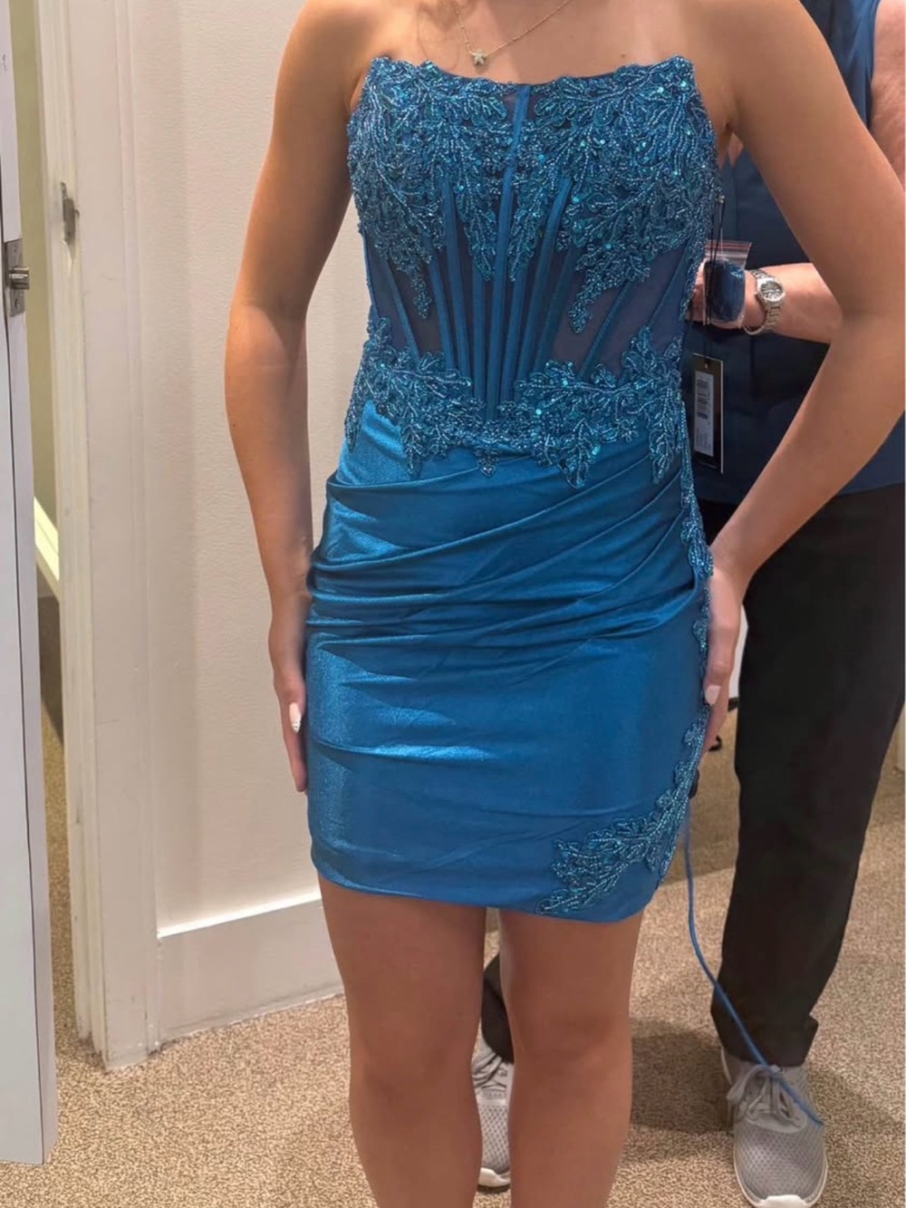 Strapless Beaded Sheath Dress in Teal Blue